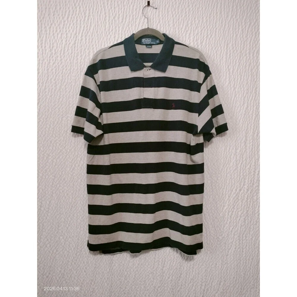 Polo Ralph Lauren Mens Shirt XLarge Custom Fit Gray Dark Blue Striped Logo D135